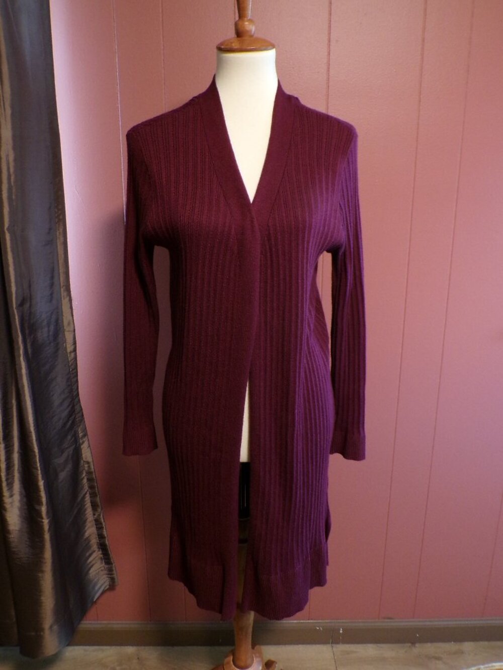 Terra & Sky Women's Burgandy Open-Front Ribbed Long Cardigan Size: 1X - 16W/18W